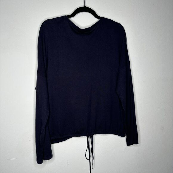 French Connection Drawstring Hem Silk Blend Long Sleeve VNeck Navy Sweater L - Picture 3 of 13